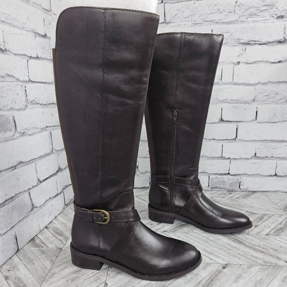 INC Womens Fadora Tall Dark Brown Leather Riding Boots 7.5M Side Zipper Buckle S
